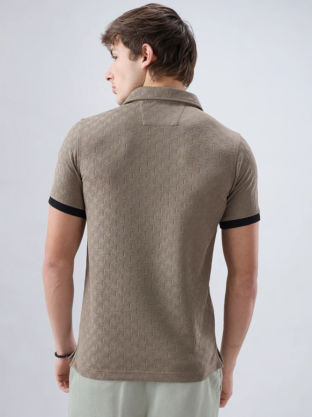Taupe Textured Contrast Polo Neck Knit T-shirt - Image 7
