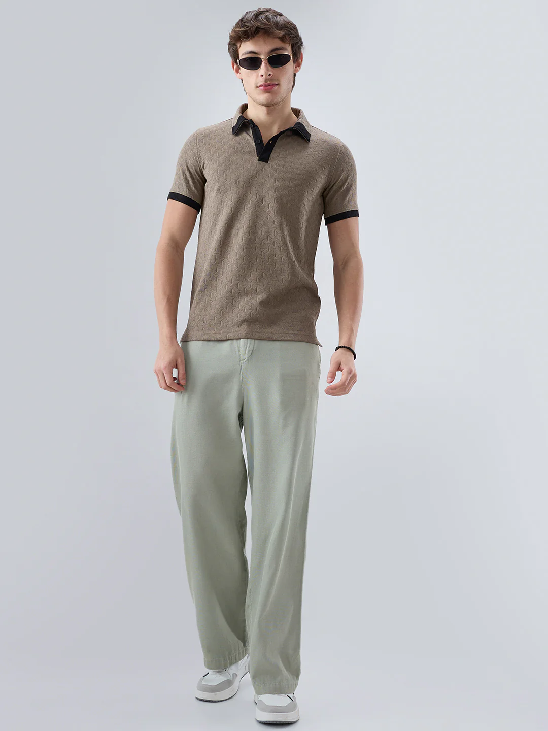 Taupe Textured Contrast Polo Neck Knit T-shirt - Image 8