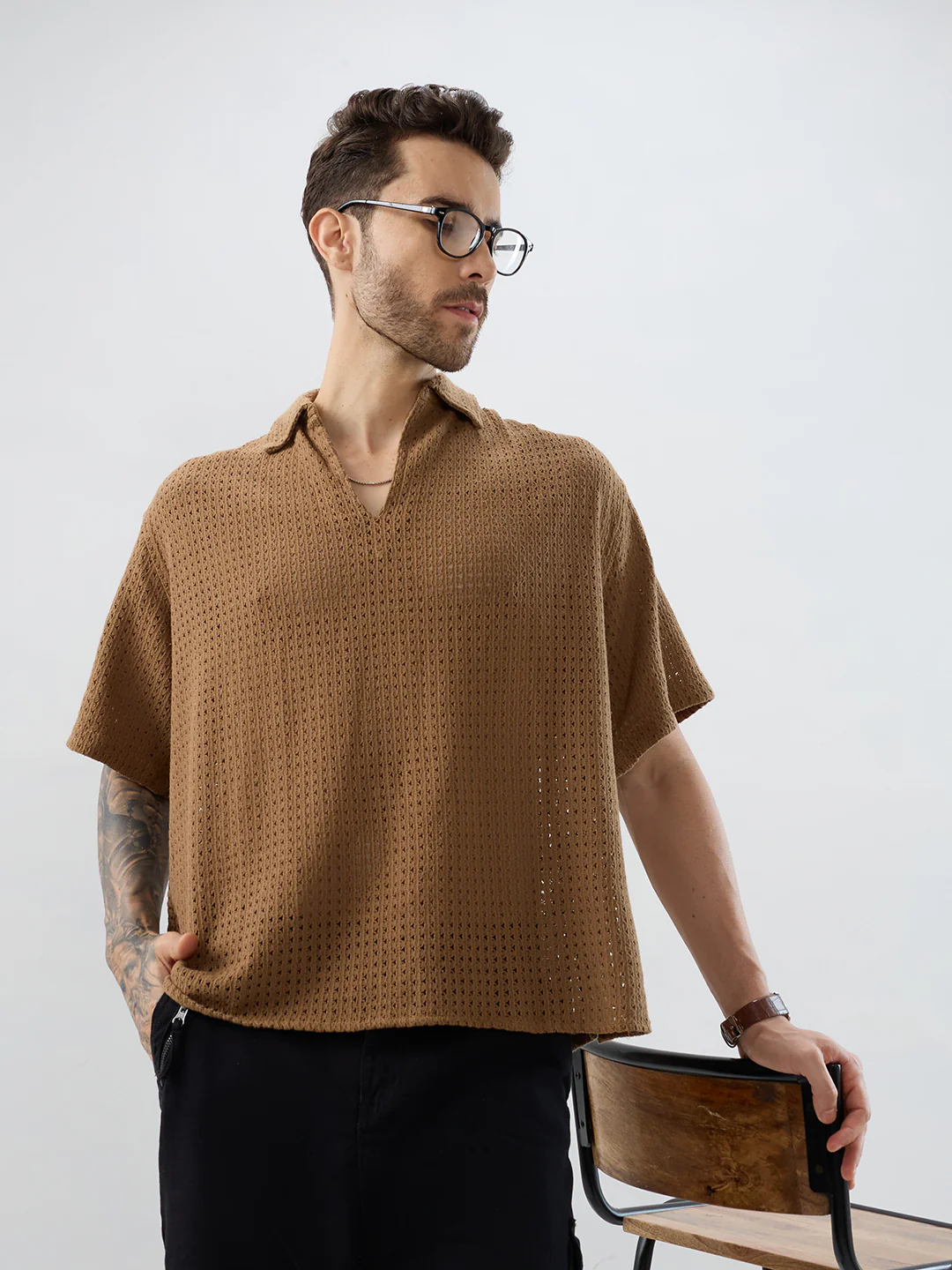 Tawny Brown Crochet Oversized Polo Shirt - Image 2