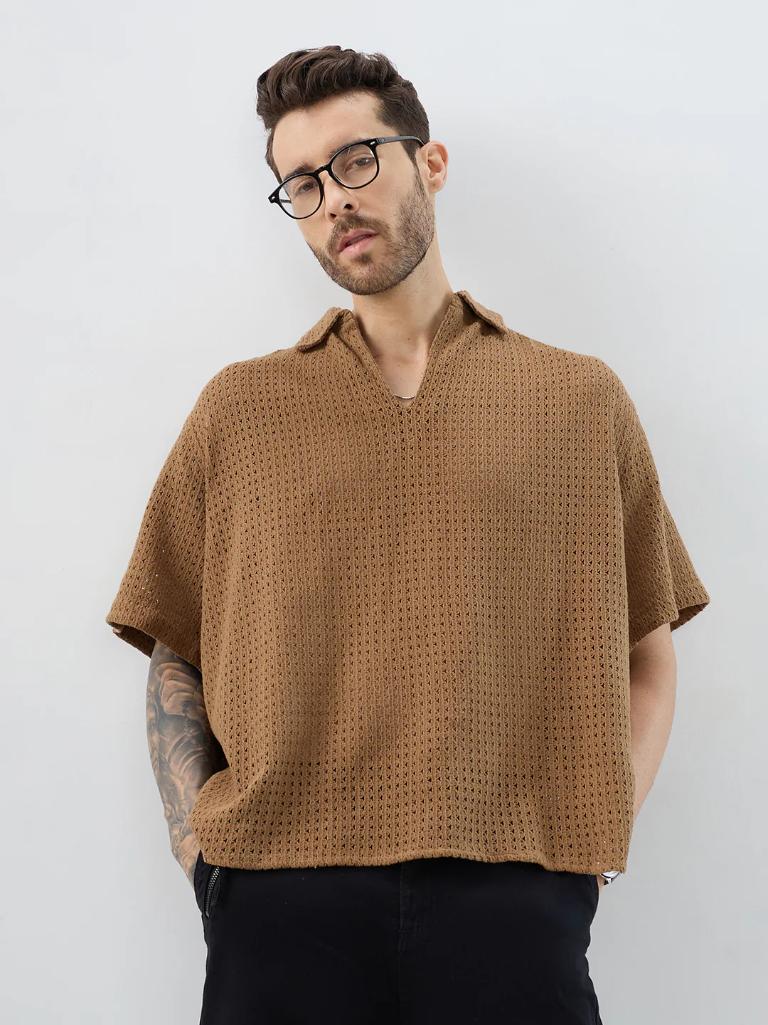 Tawny Brown Crochet Oversized Polo Shirt - Image 4