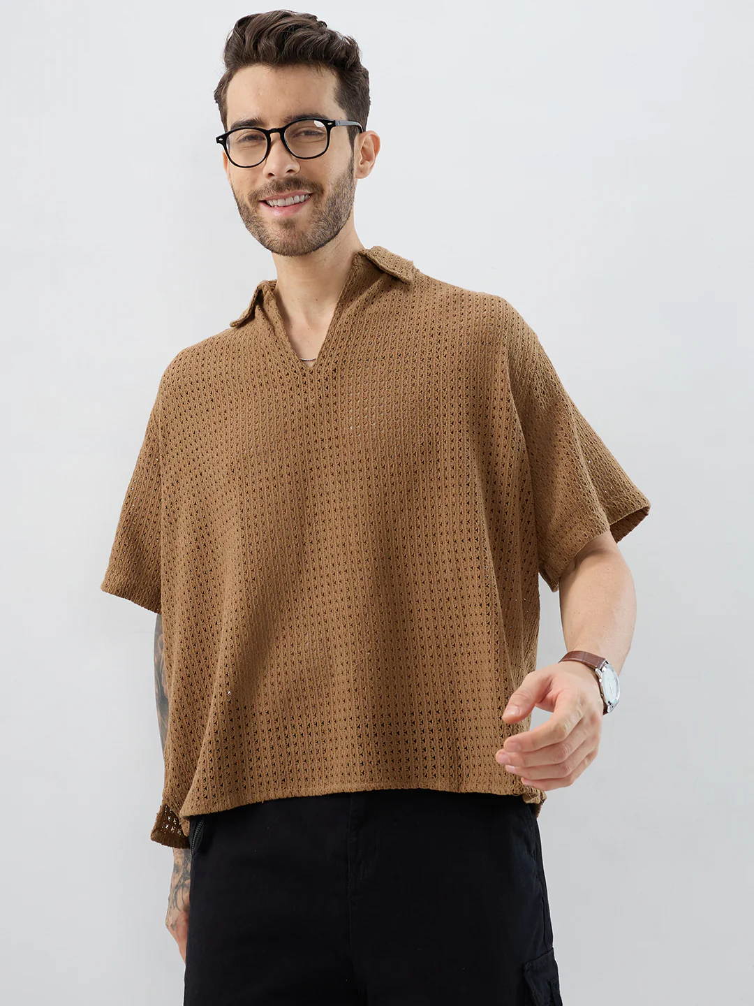 Tawny Brown Crochet Oversized Polo Shirt - Image 5