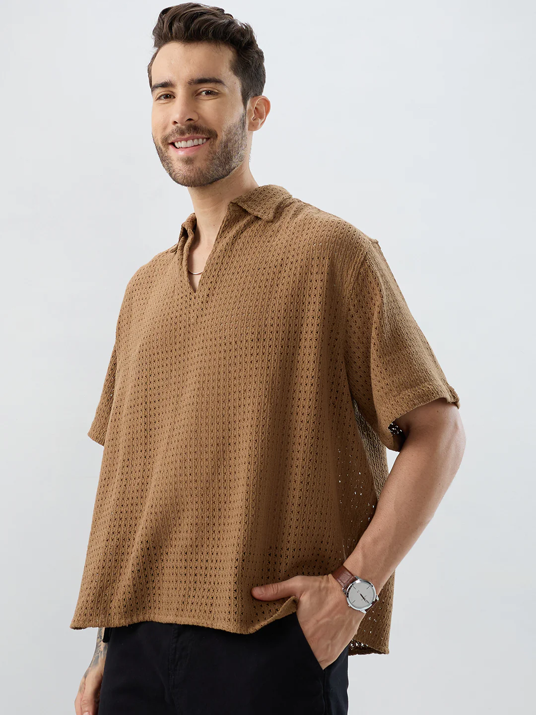 Tawny Brown Crochet Oversized Polo Shirt - Image 6