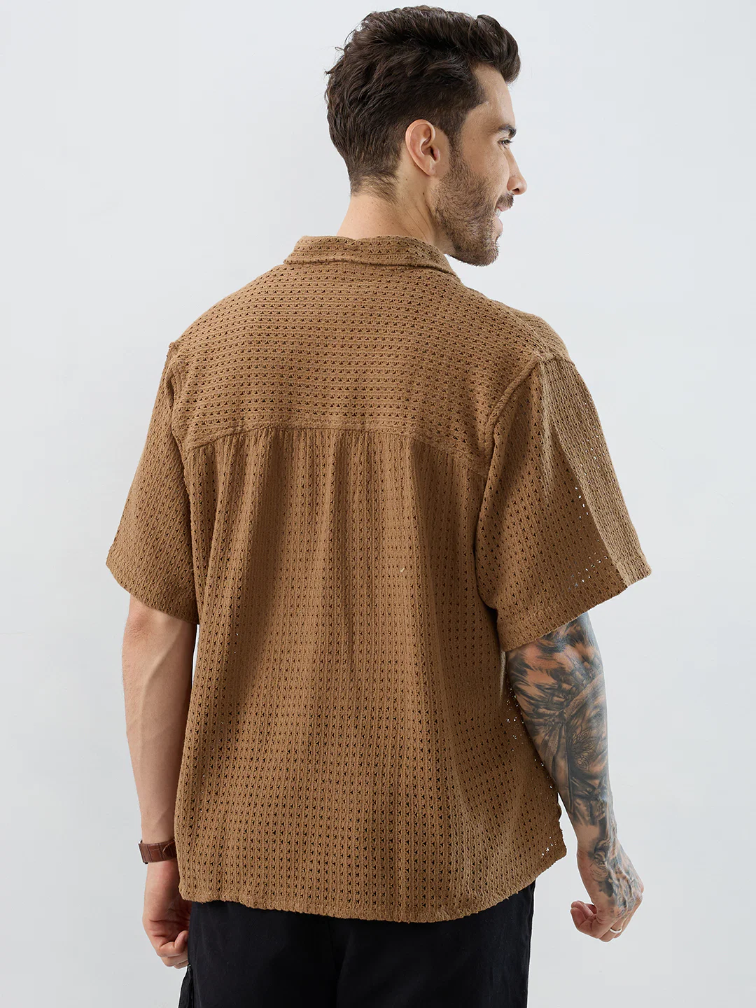 Tawny Brown Crochet Oversized Polo Shirt - Image 7