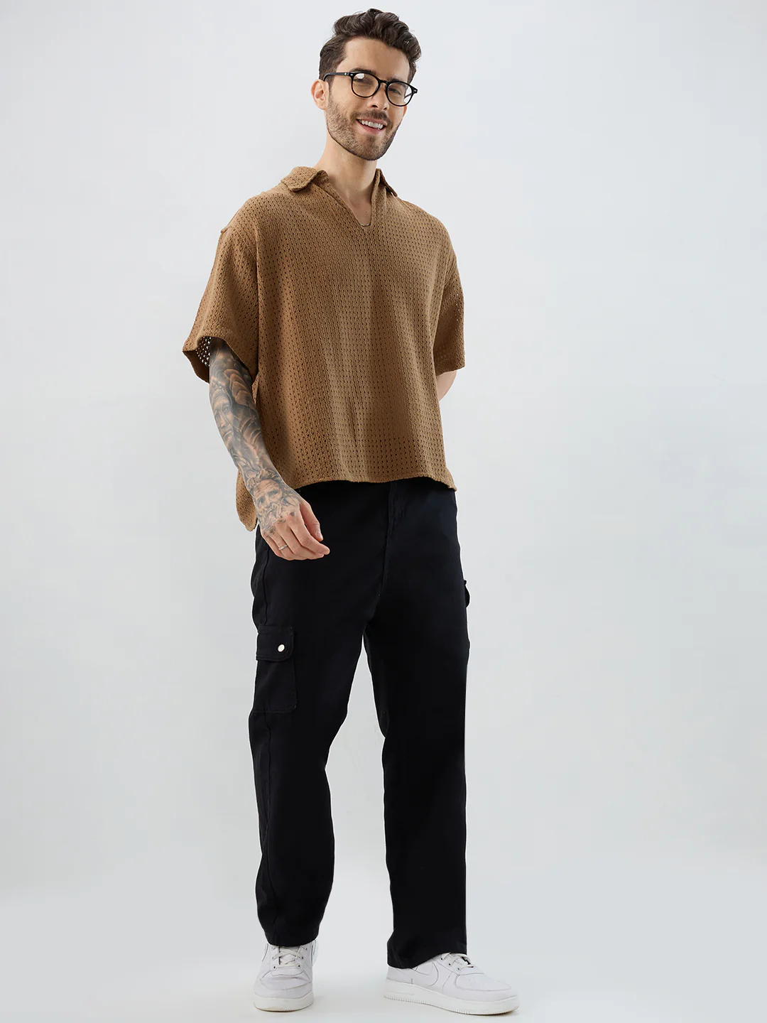 Tawny Brown Crochet Oversized Polo Shirt - Image 8