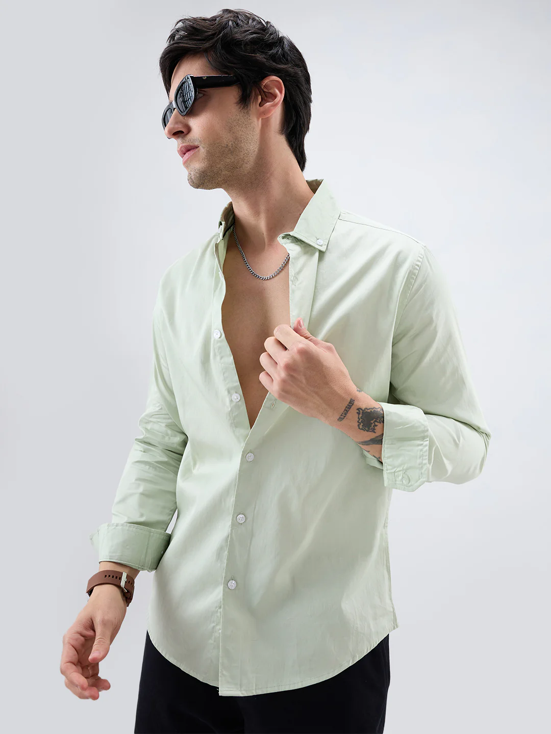 Tea Green Button-Down Collar Satin Shirt - Image 2