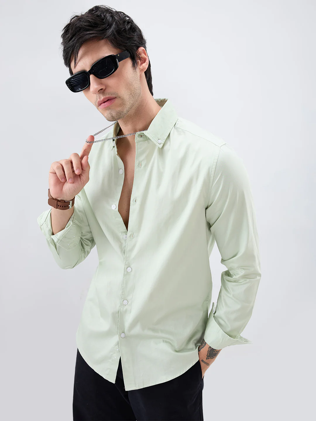 Tea Green Button-Down Collar Satin Shirt - Image 4