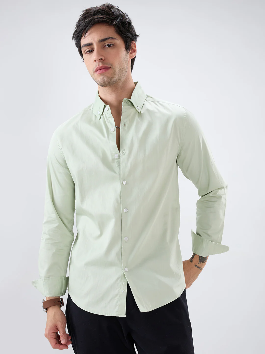 Tea Green Button-Down Collar Satin Shirt - Image 5