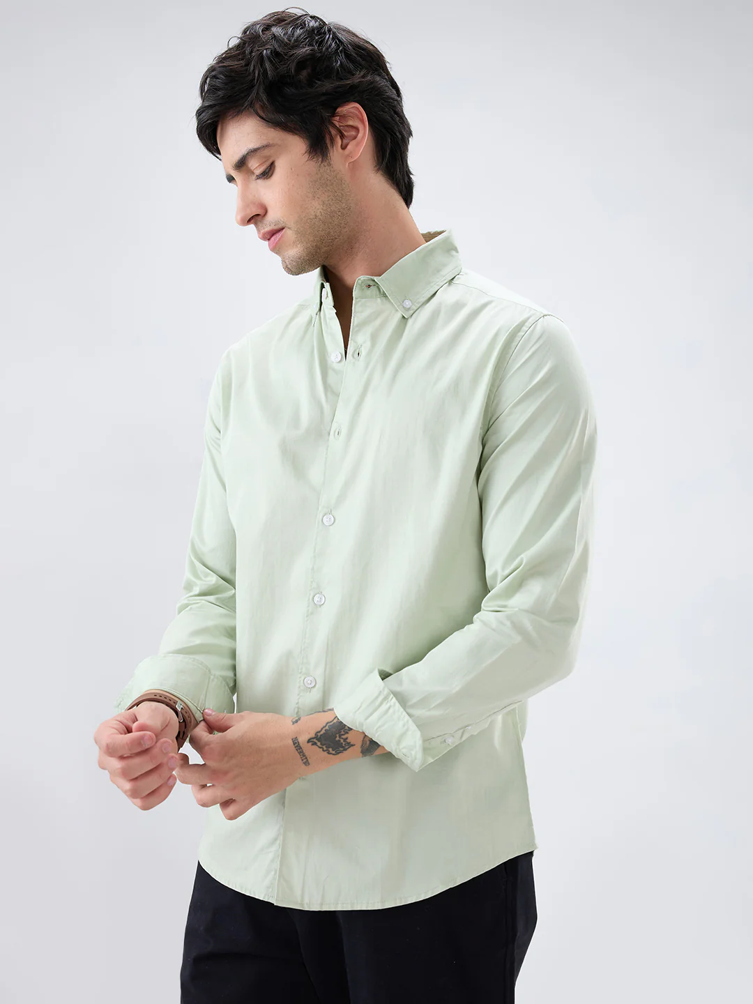 Tea Green Button-Down Collar Satin Shirt - Image 6
