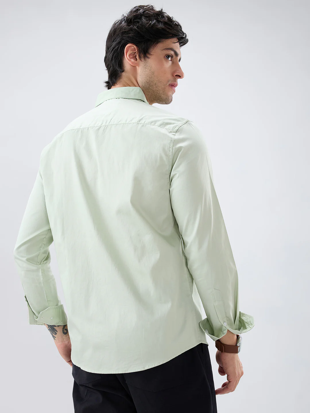 Tea Green Button-Down Collar Satin Shirt - Image 7