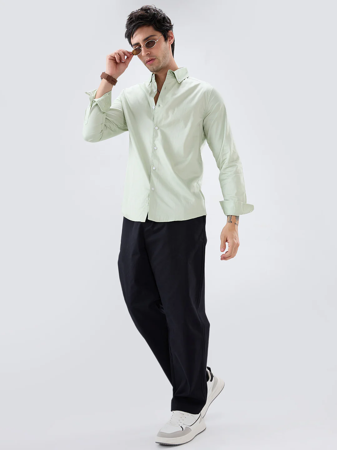 Tea Green Button-Down Collar Satin Shirt - Image 8