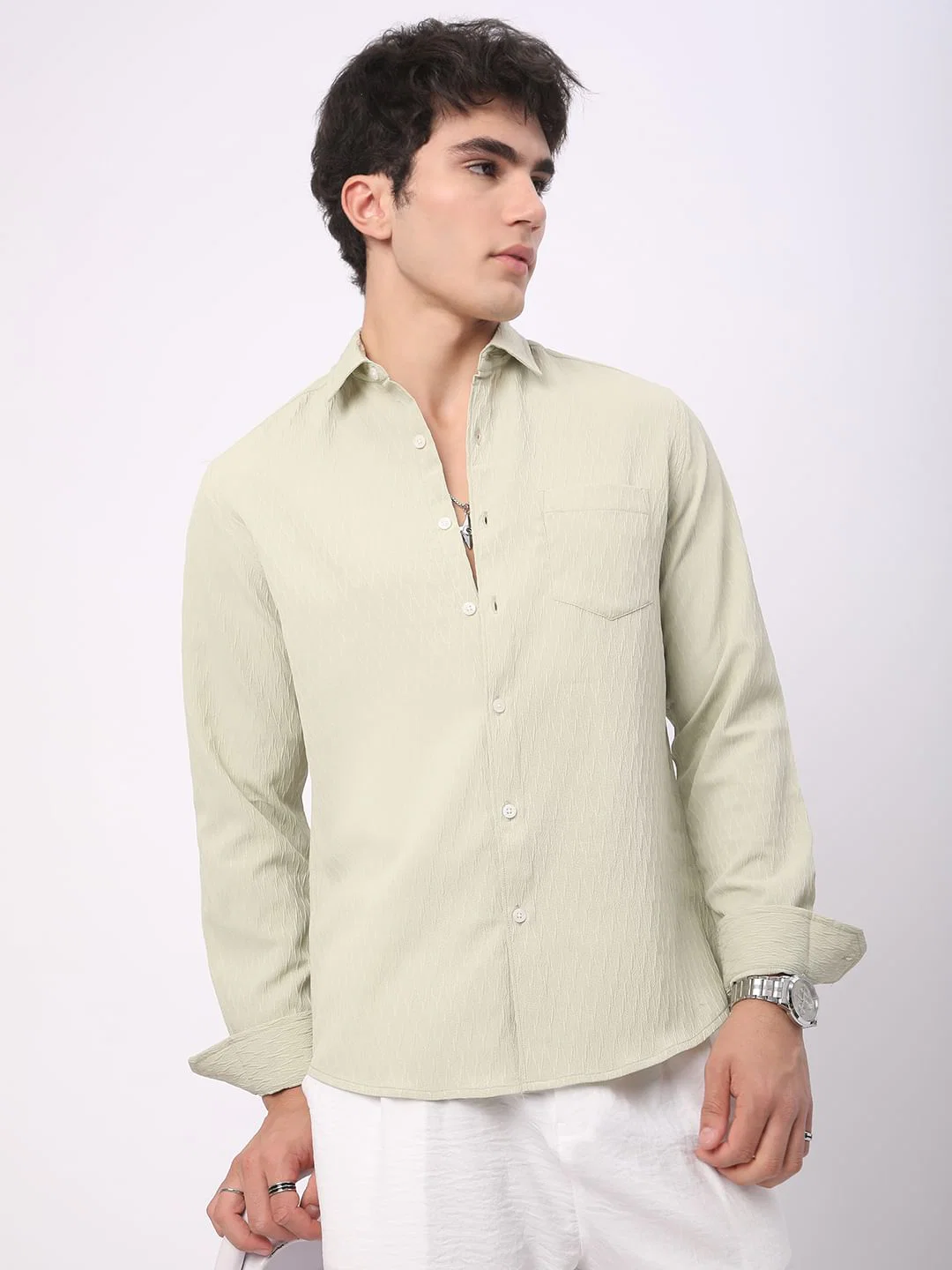 Tea Green Crinkled Textured Shirt - Image 4