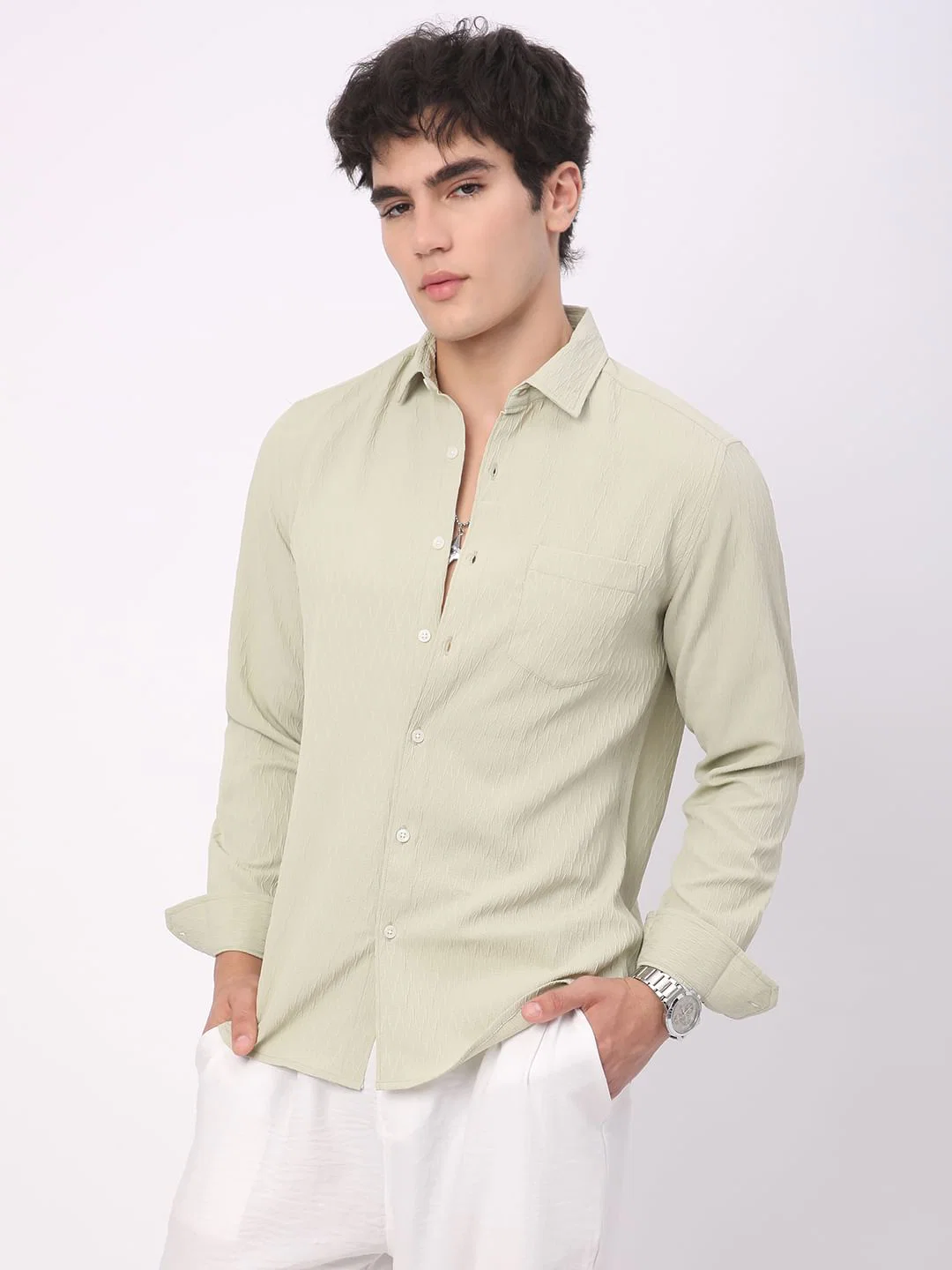 Tea Green Crinkled Textured Shirt - Image 5