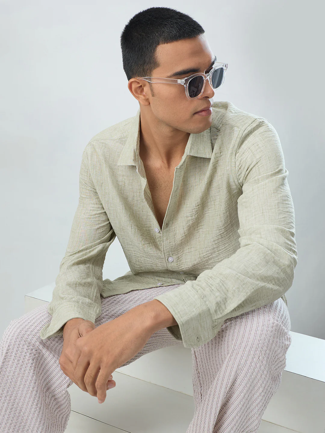 Tea Green Crinkled Textured Shirt - Image 2