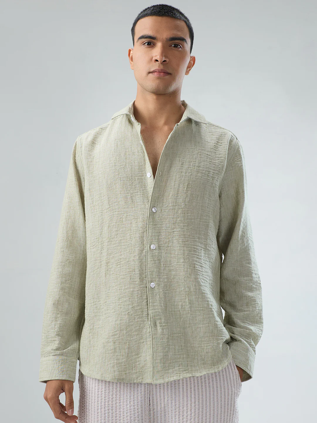 Tea Green Crinkled Textured Shirt - Image 4