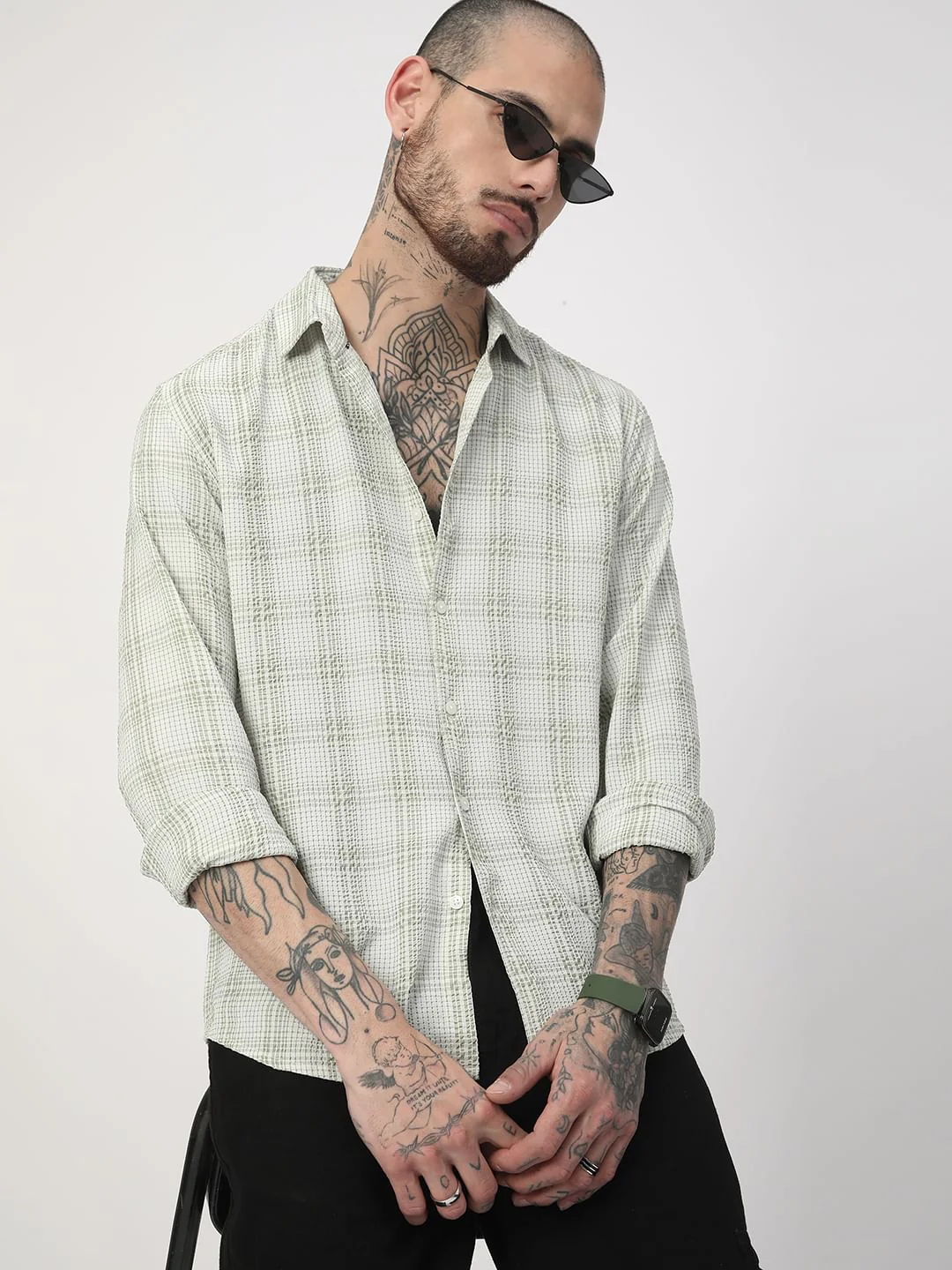 Tea Green Mini Plaid Checks Seersucker Shirt - Image 4