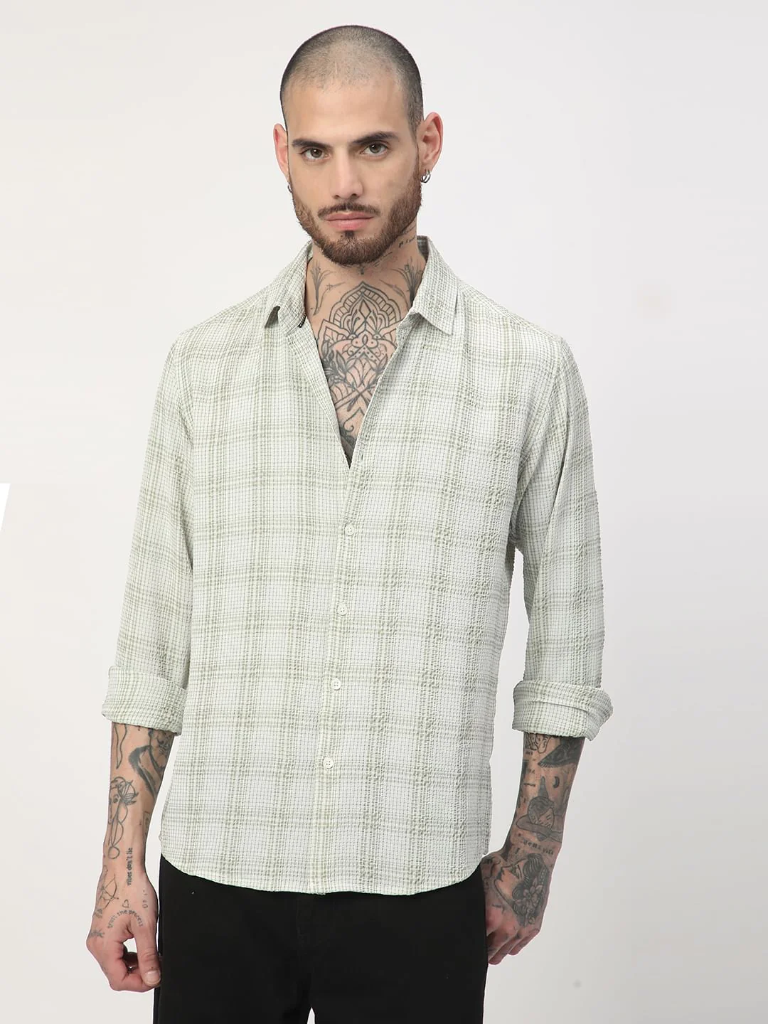 Tea Green Mini Plaid Checks Seersucker Shirt - Image 5