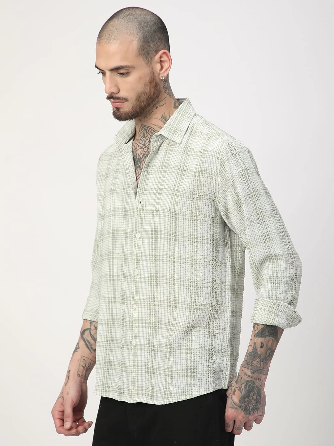 Tea Green Mini Plaid Checks Seersucker Shirt - Image 6
