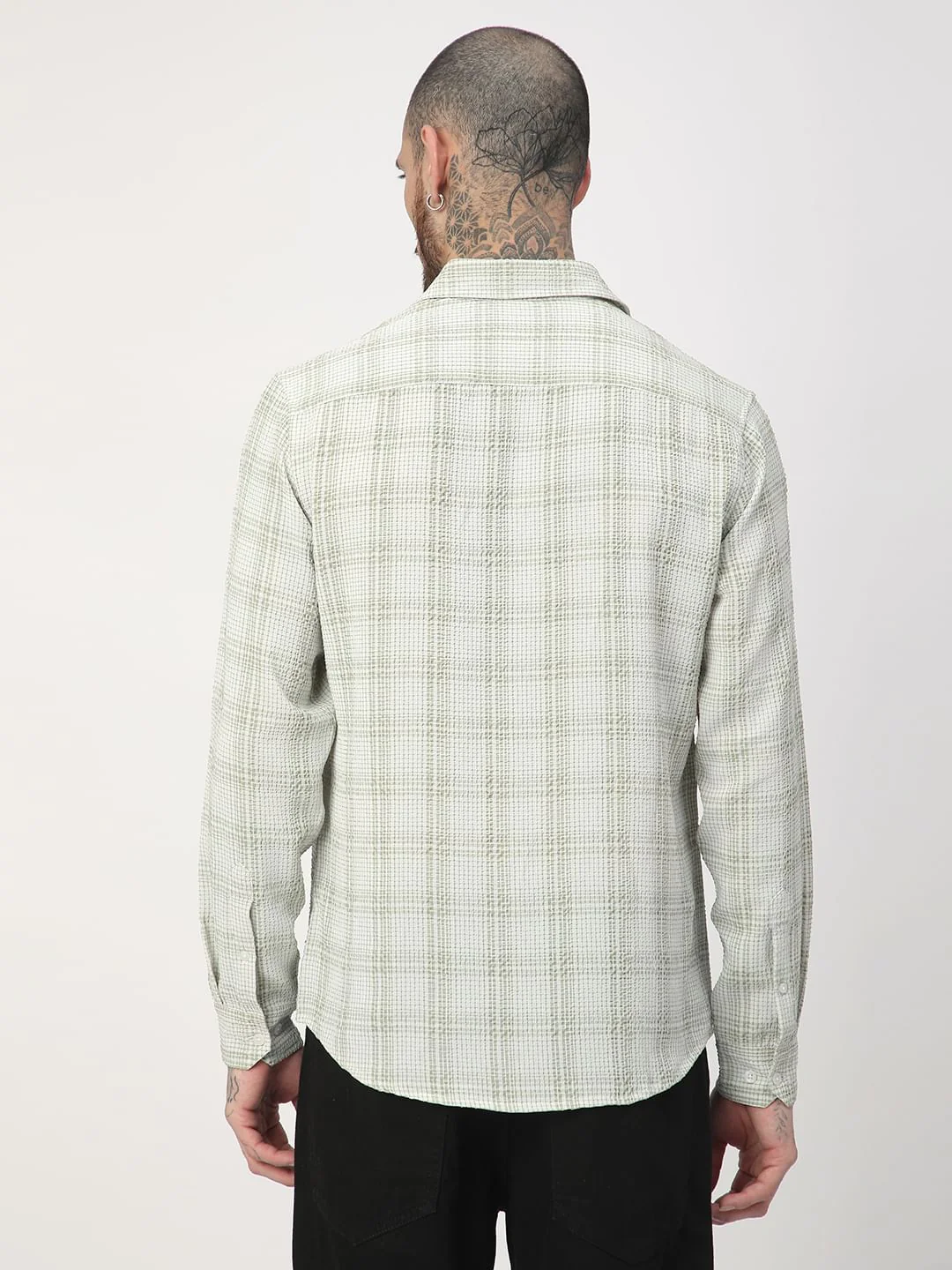 Tea Green Mini Plaid Checks Seersucker Shirt - Image 7