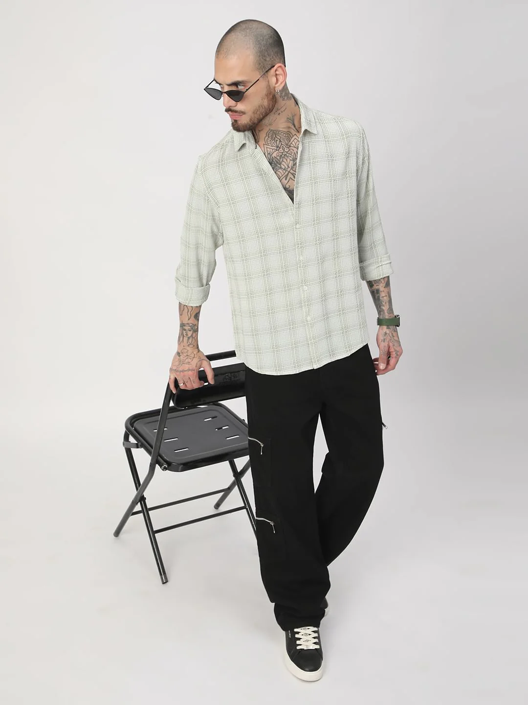 Tea Green Mini Plaid Checks Seersucker Shirt - Image 8