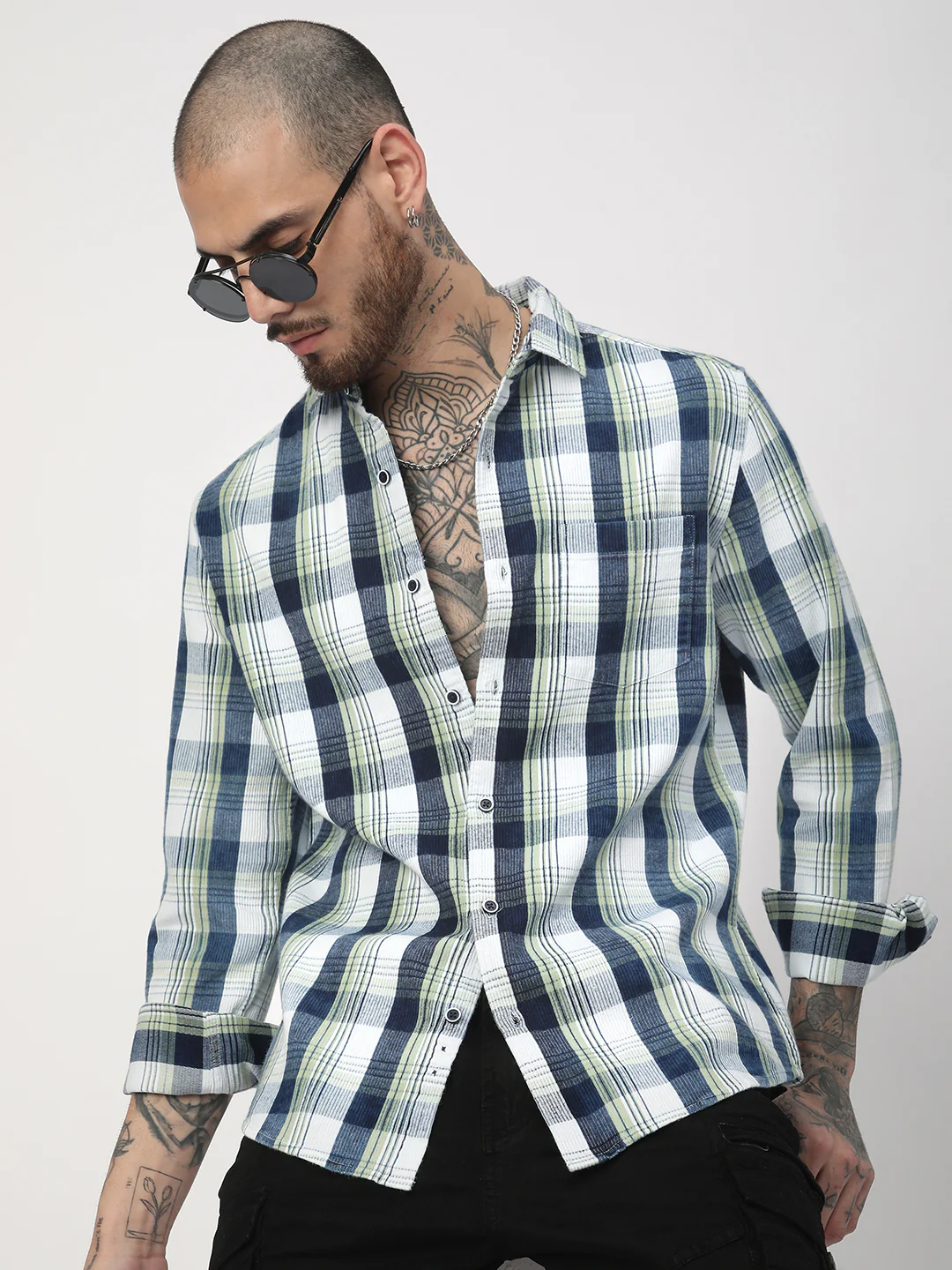 Denim Tea Green & Navy Plaid Checks Shirt - Image 2