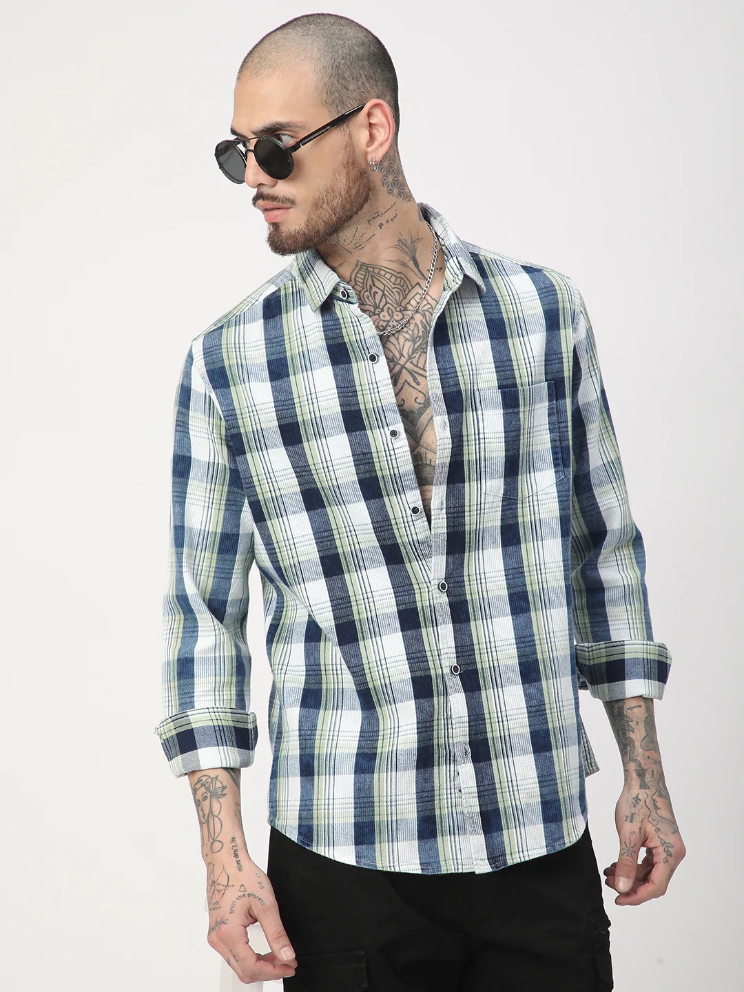 Denim Tea Green & Navy Plaid Checks Shirt - Image 4