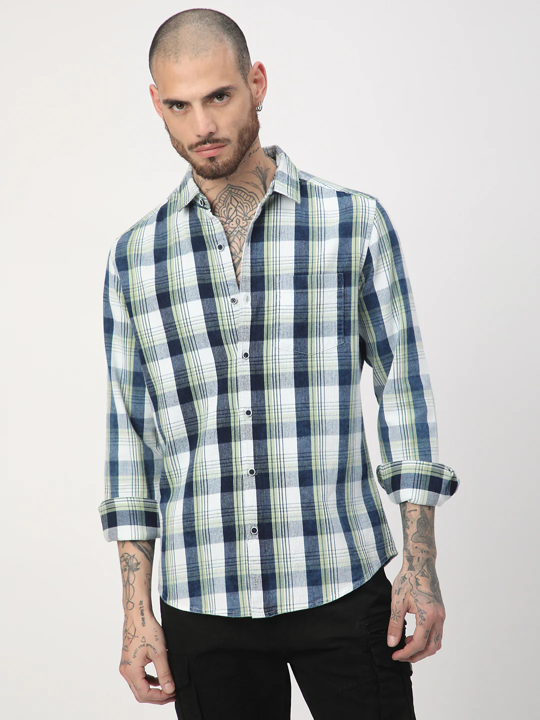 Denim Tea Green & Navy Plaid Checks Shirt - Image 5