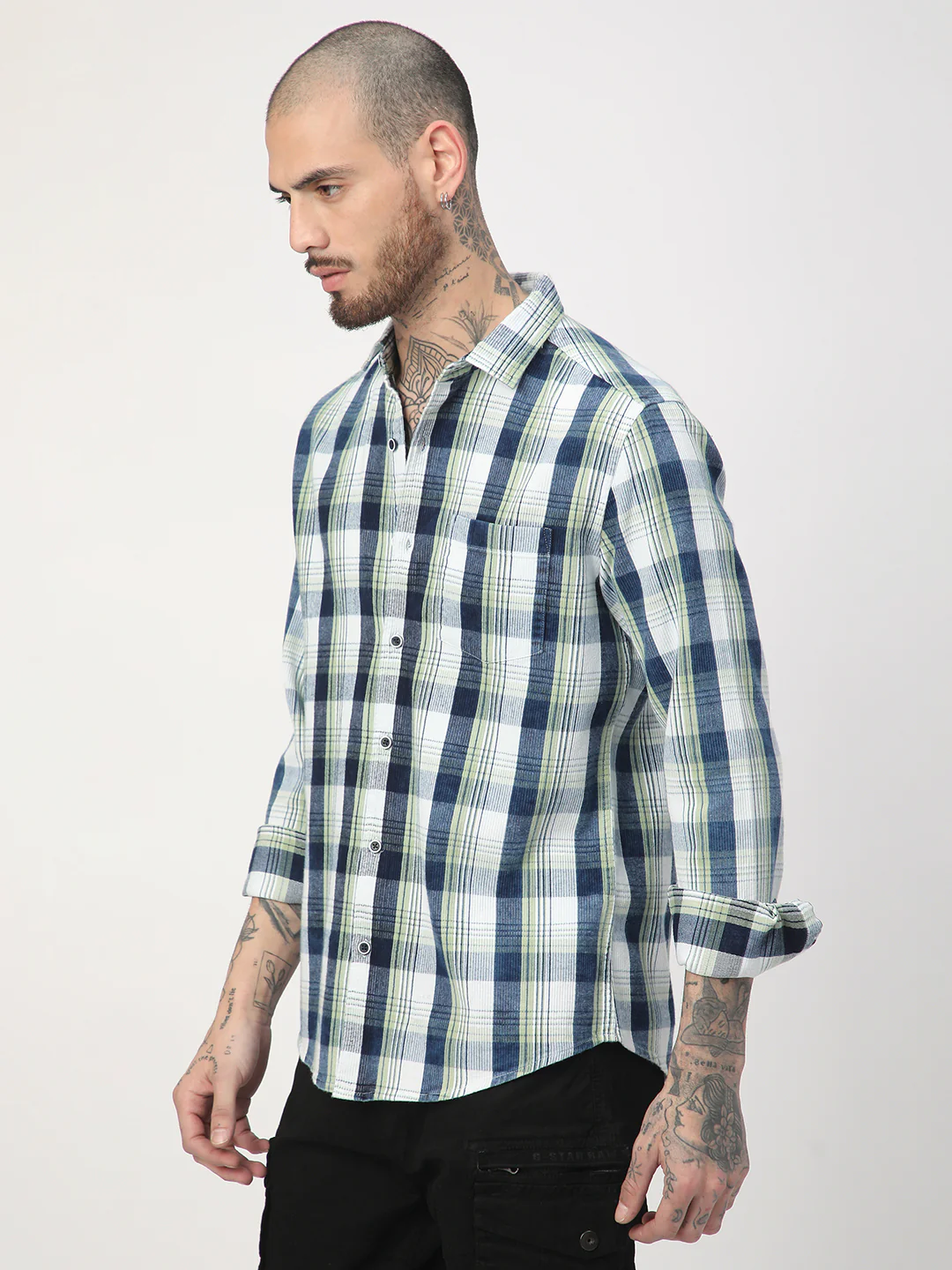 Denim Tea Green & Navy Plaid Checks Shirt - Image 6