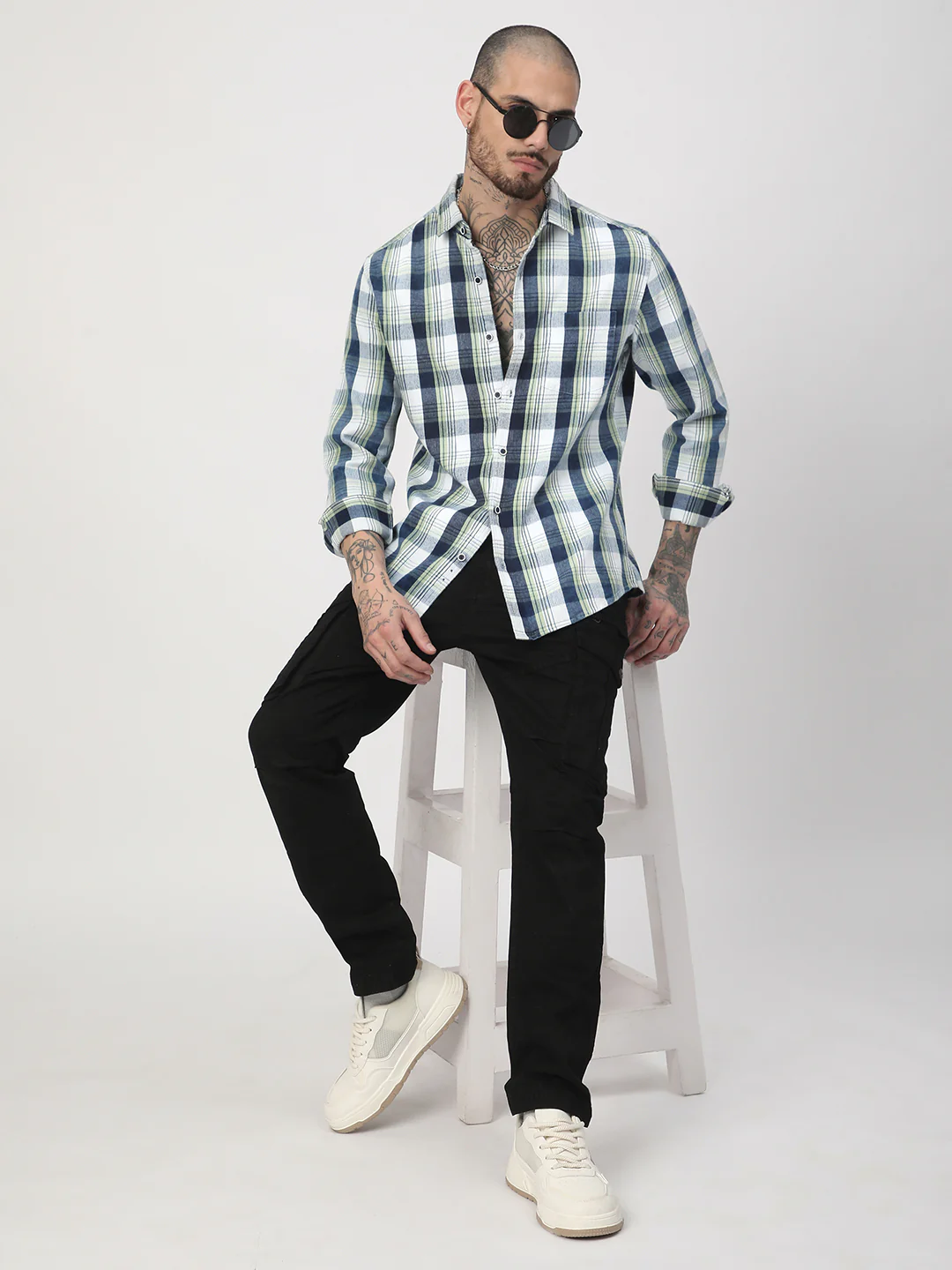 Denim Tea Green & Navy Plaid Checks Shirt - Image 8