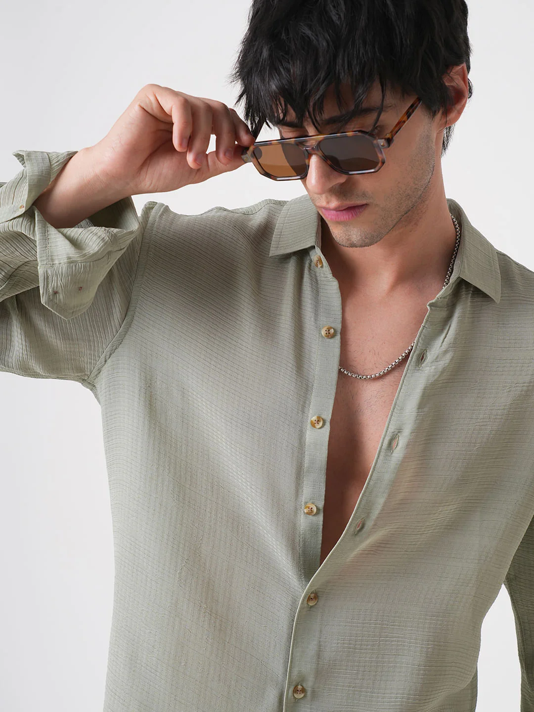 Tea Green Textured Chiffon Shirt - Image 2