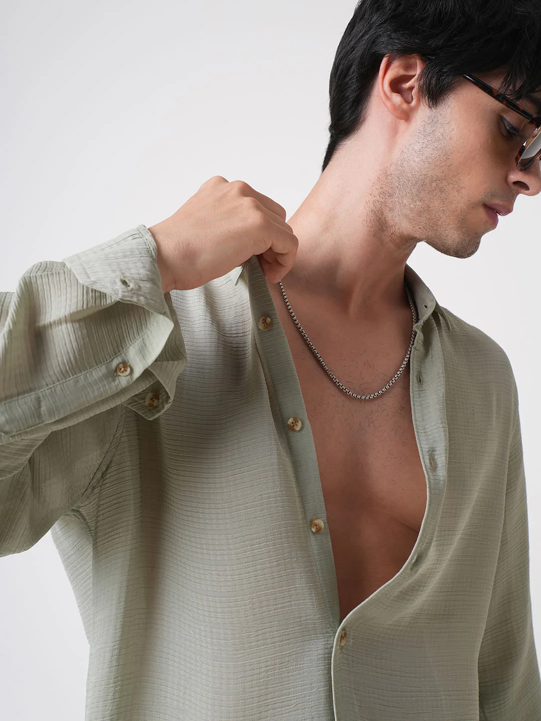 Tea Green Textured Chiffon Shirt - Image 4