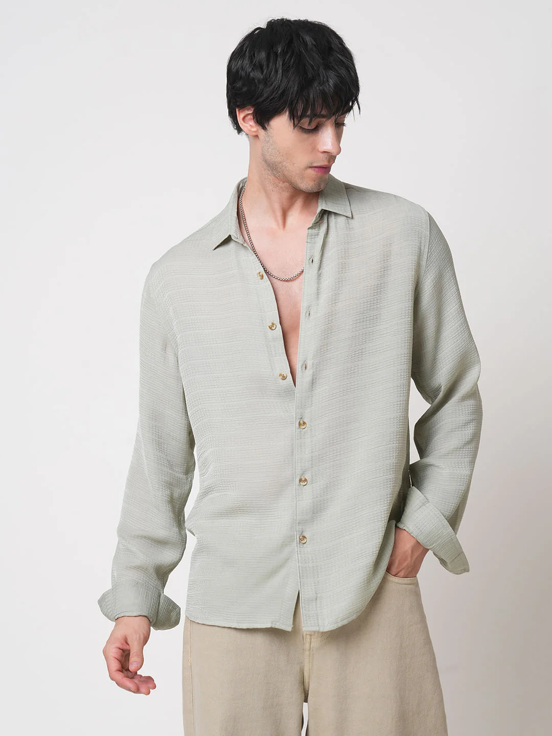 Tea Green Textured Chiffon Shirt - Image 5