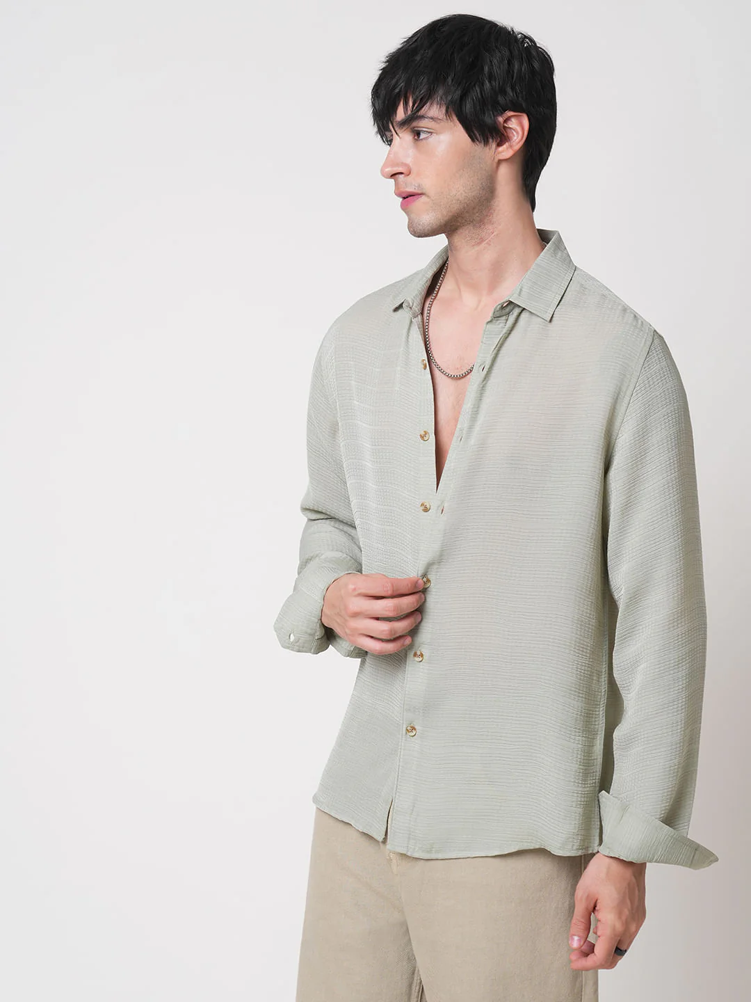 Tea Green Textured Chiffon Shirt - Image 6