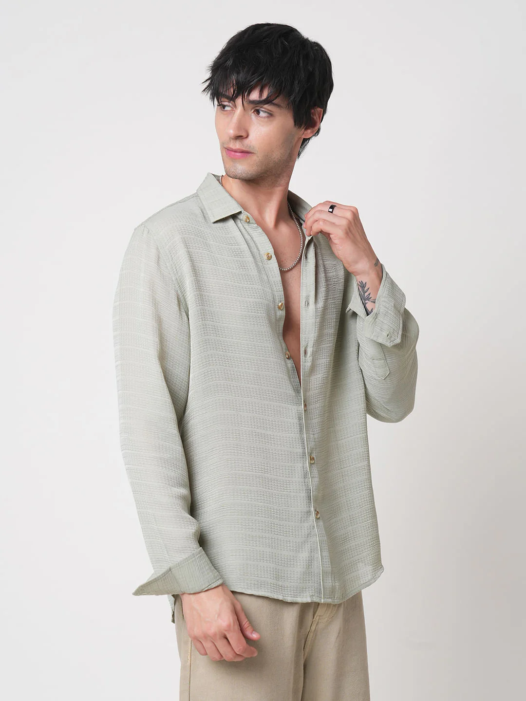 Tea Green Textured Chiffon Shirt - Image 7