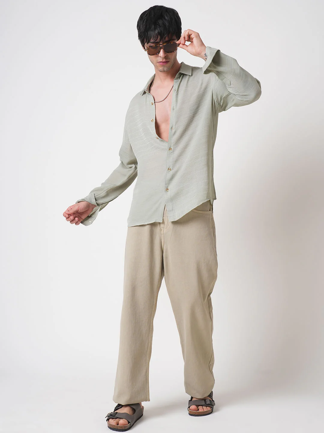 Tea Green Textured Chiffon Shirt - Image 9
