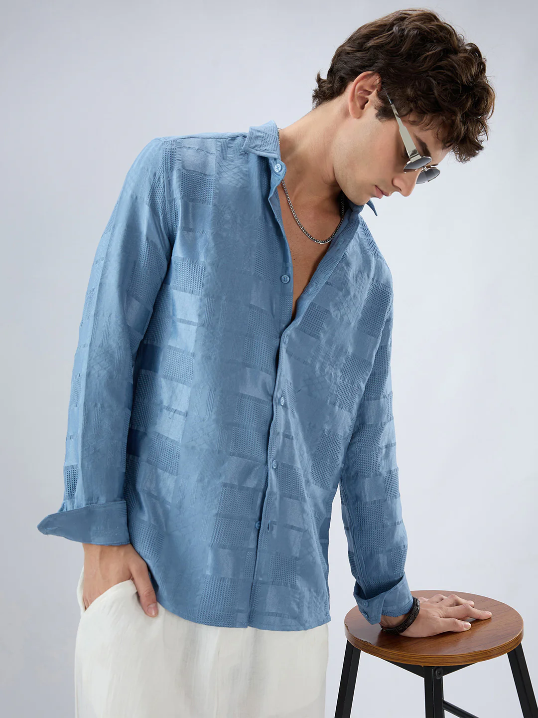 Teal Blue Block Checks Motif Embossed Textured Shirt