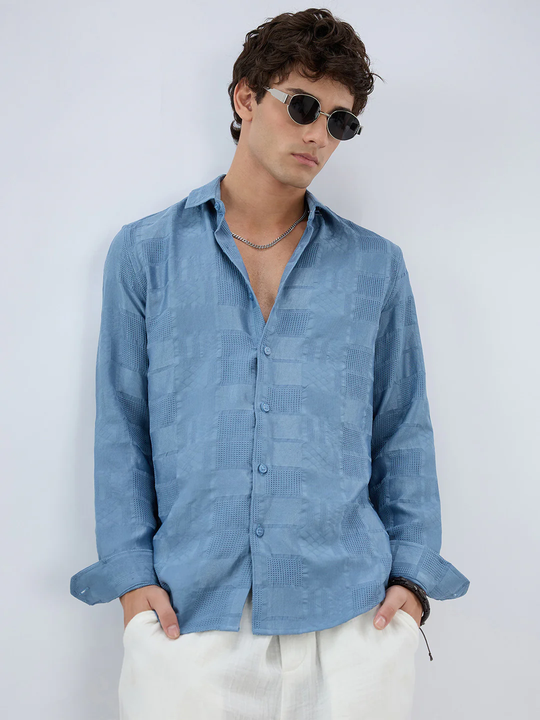 Teal Blue Block Checks Motif Embossed Textured Shirt - Image 2