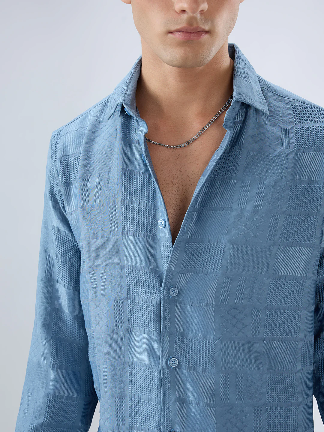 Teal Blue Block Checks Motif Embossed Textured Shirt - Image 3