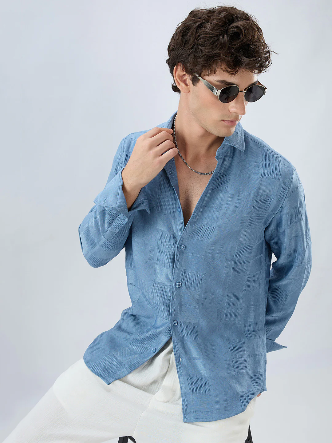 Teal Blue Block Checks Motif Embossed Textured Shirt - Image 4