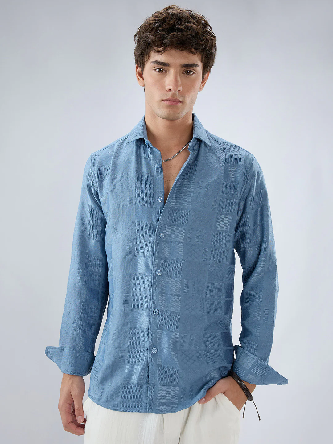 Teal Blue Block Checks Motif Embossed Textured Shirt - Image 5