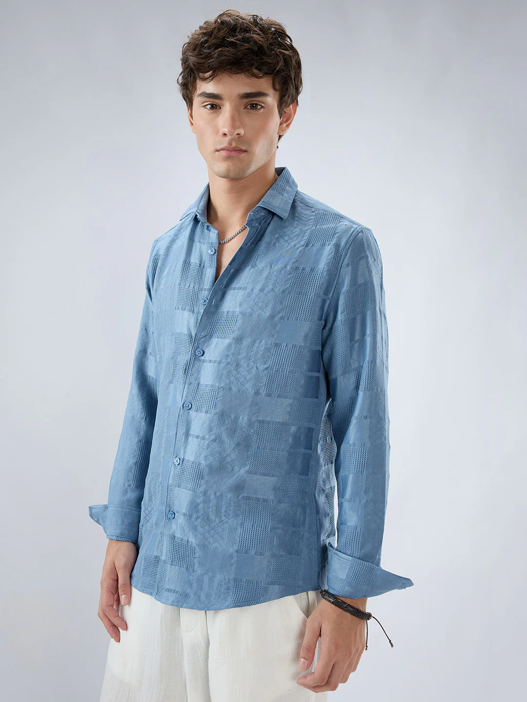 Teal Blue Block Checks Motif Embossed Textured Shirt - Image 6