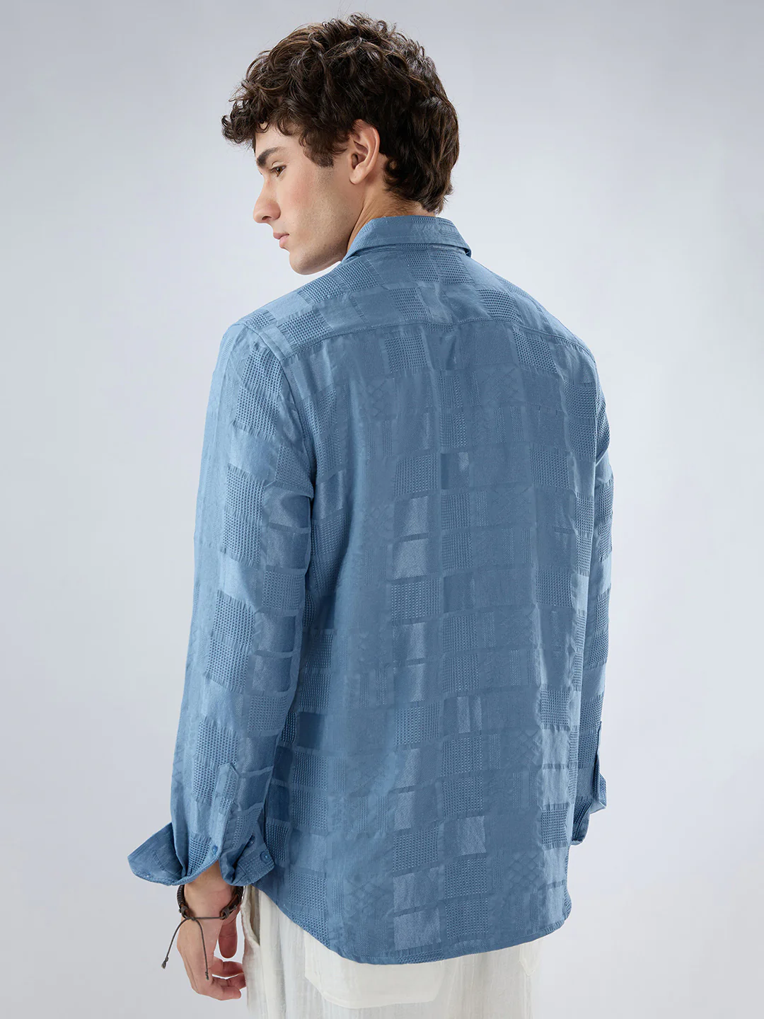 Teal Blue Block Checks Motif Embossed Textured Shirt - Image 7