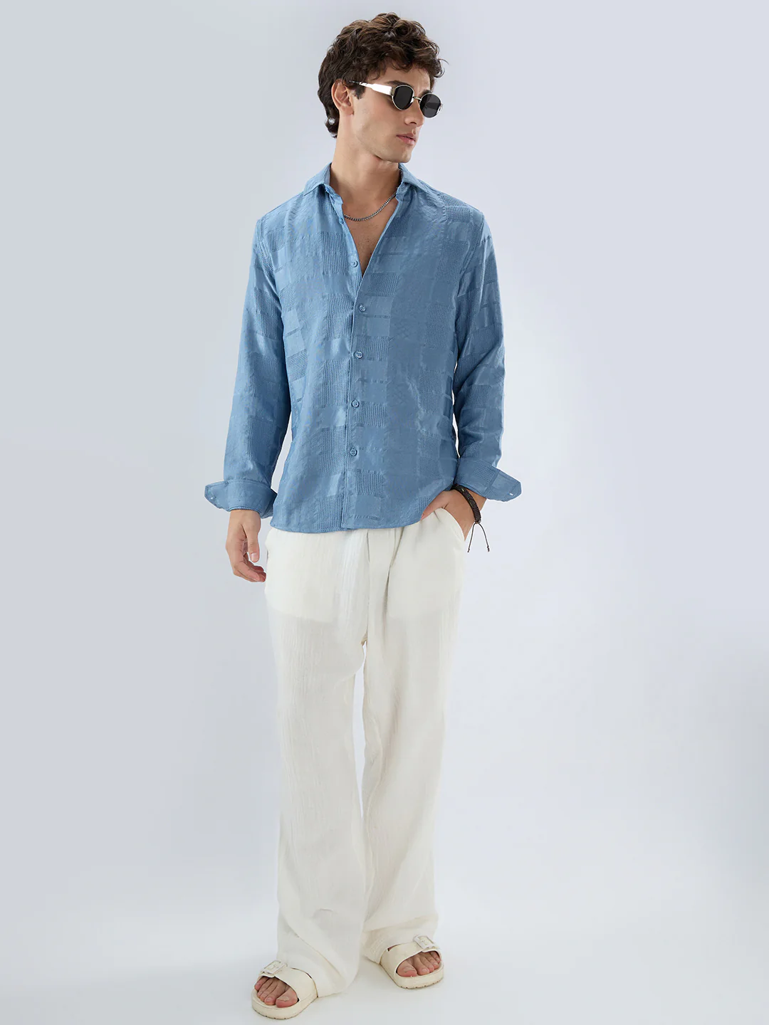Teal Blue Block Checks Motif Embossed Textured Shirt - Image 8