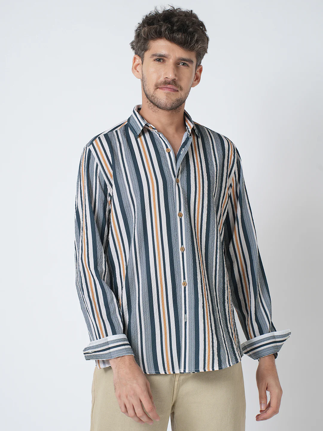 Teal Blue & Cream Crinkled Shirt - Image 4