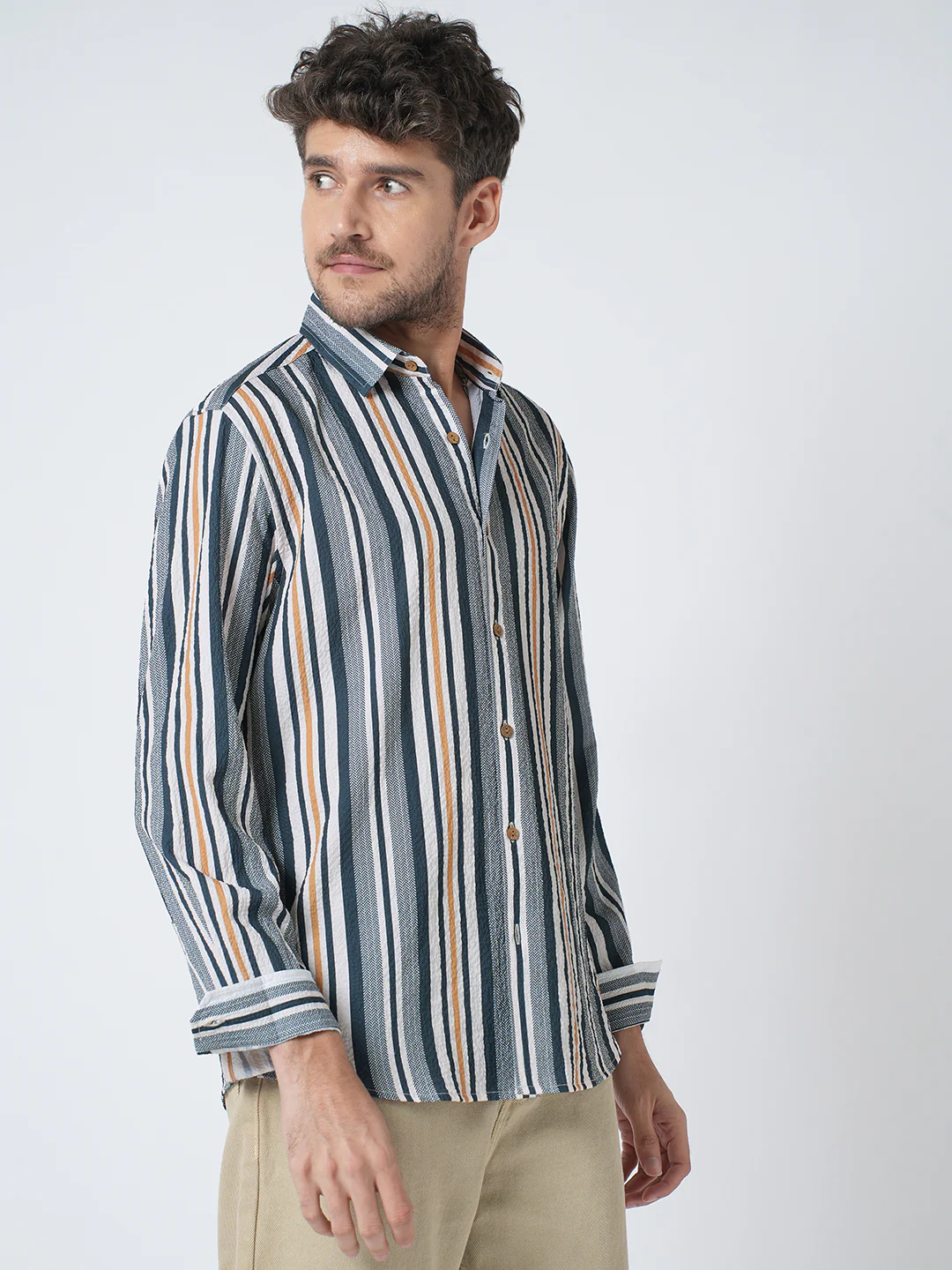 Teal Blue & Cream Crinkled Shirt - Image 5