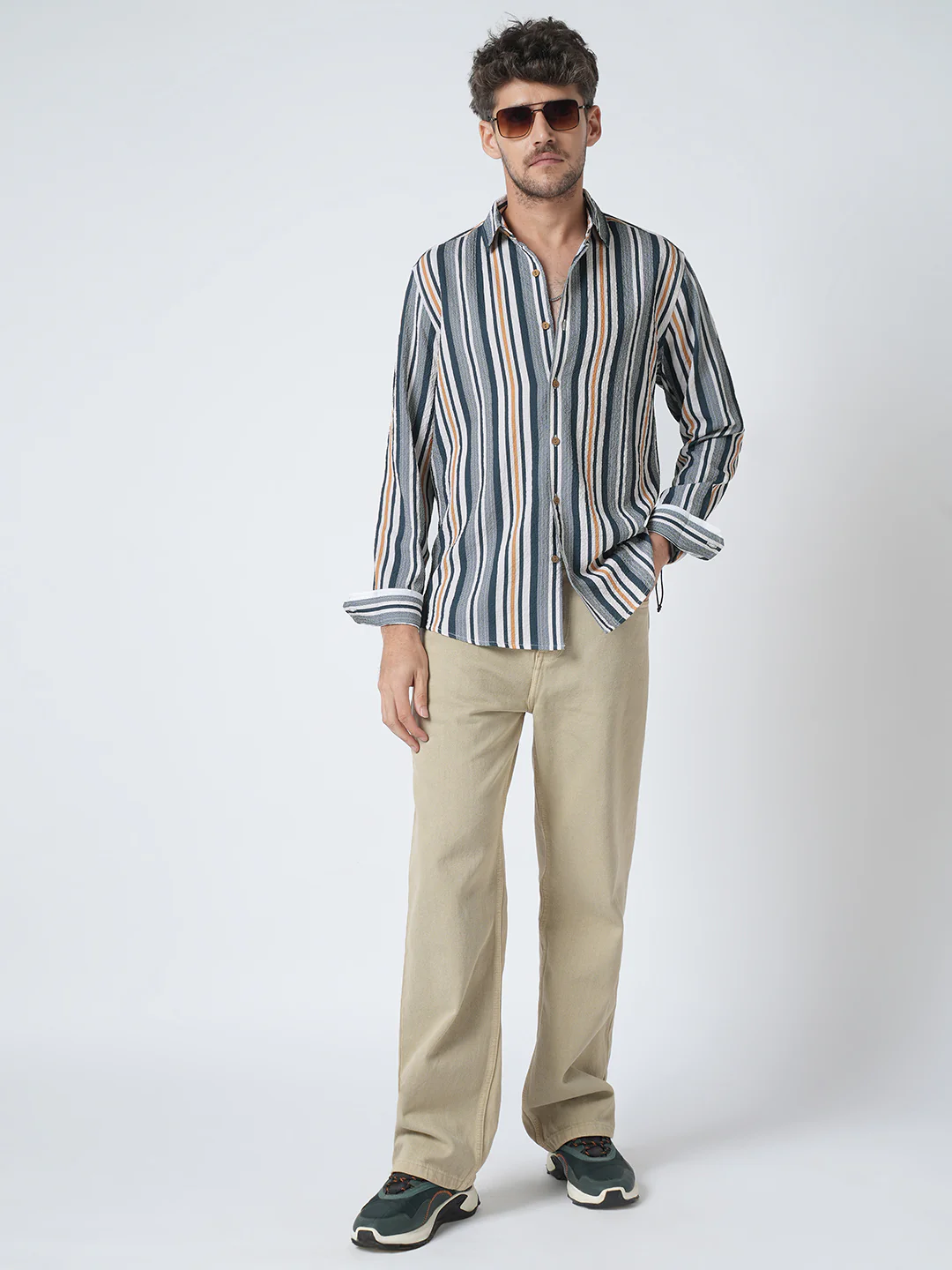 Teal Blue & Cream Crinkled Shirt - Image 7