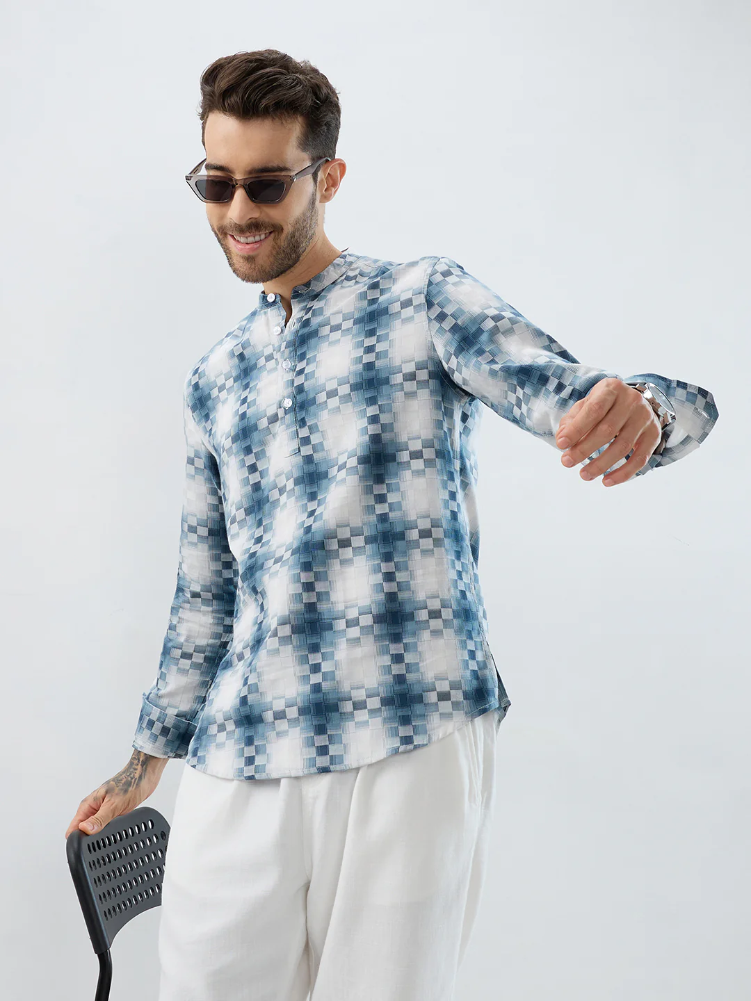 Teal Pixel Block Checks Kurta - Image 2