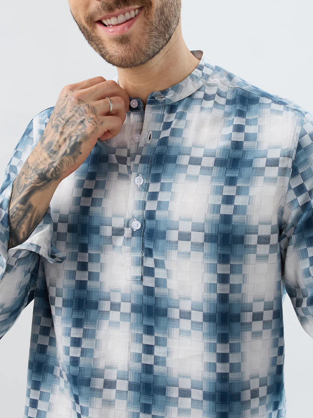 Teal Pixel Block Checks Kurta - Image 3