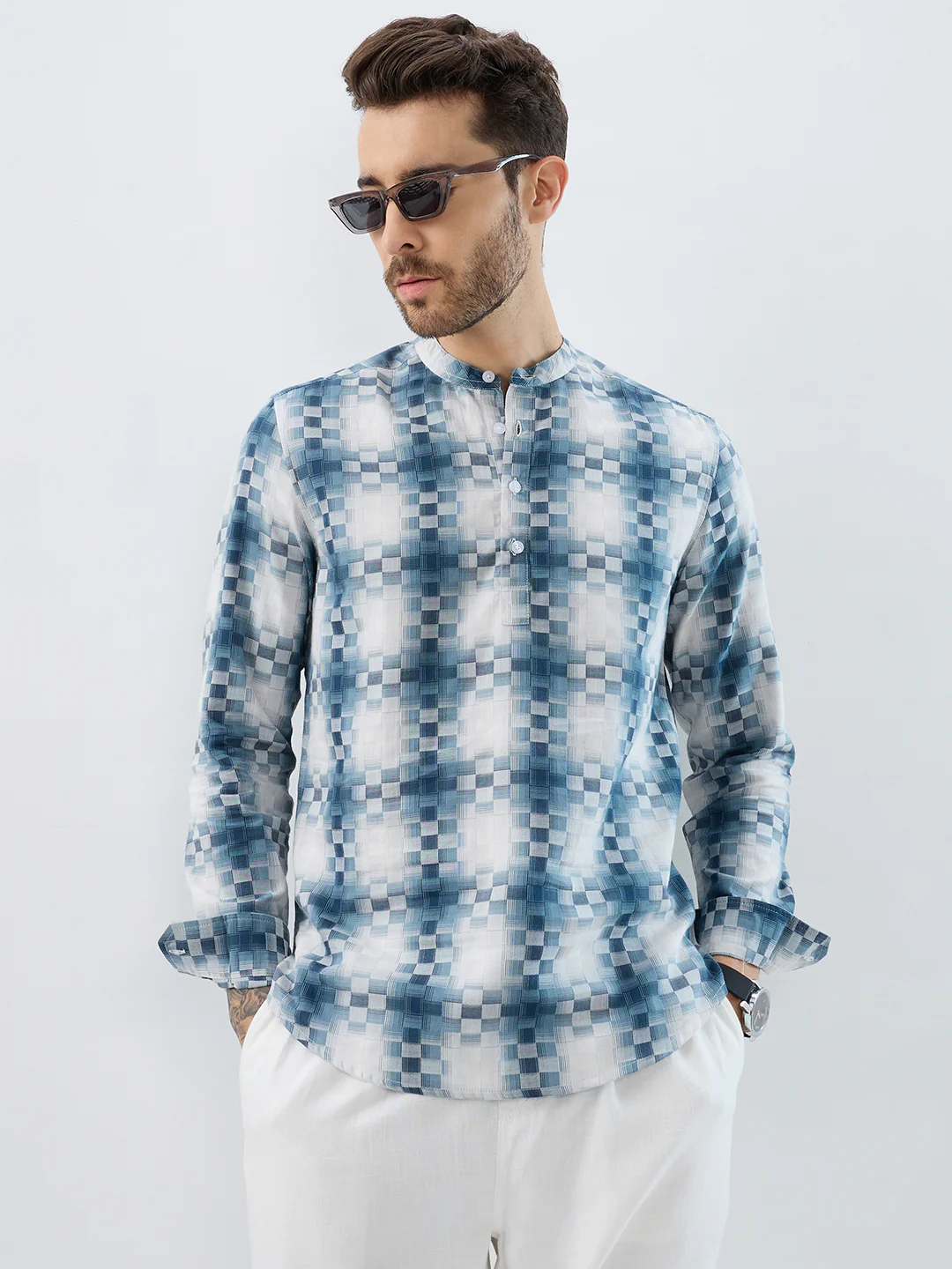 Teal Pixel Block Checks Kurta - Image 4