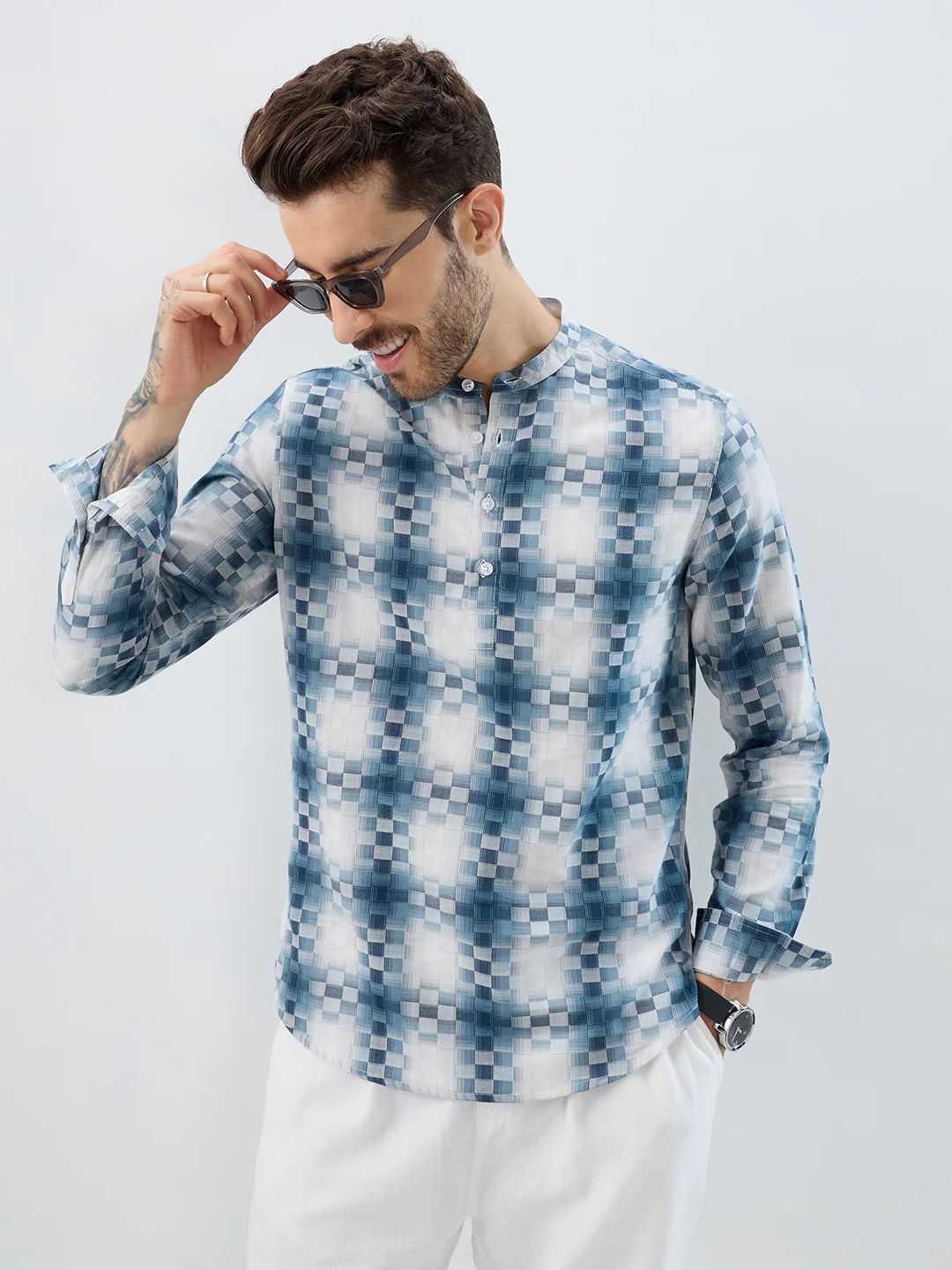 Teal Pixel Block Checks Kurta - Image 5