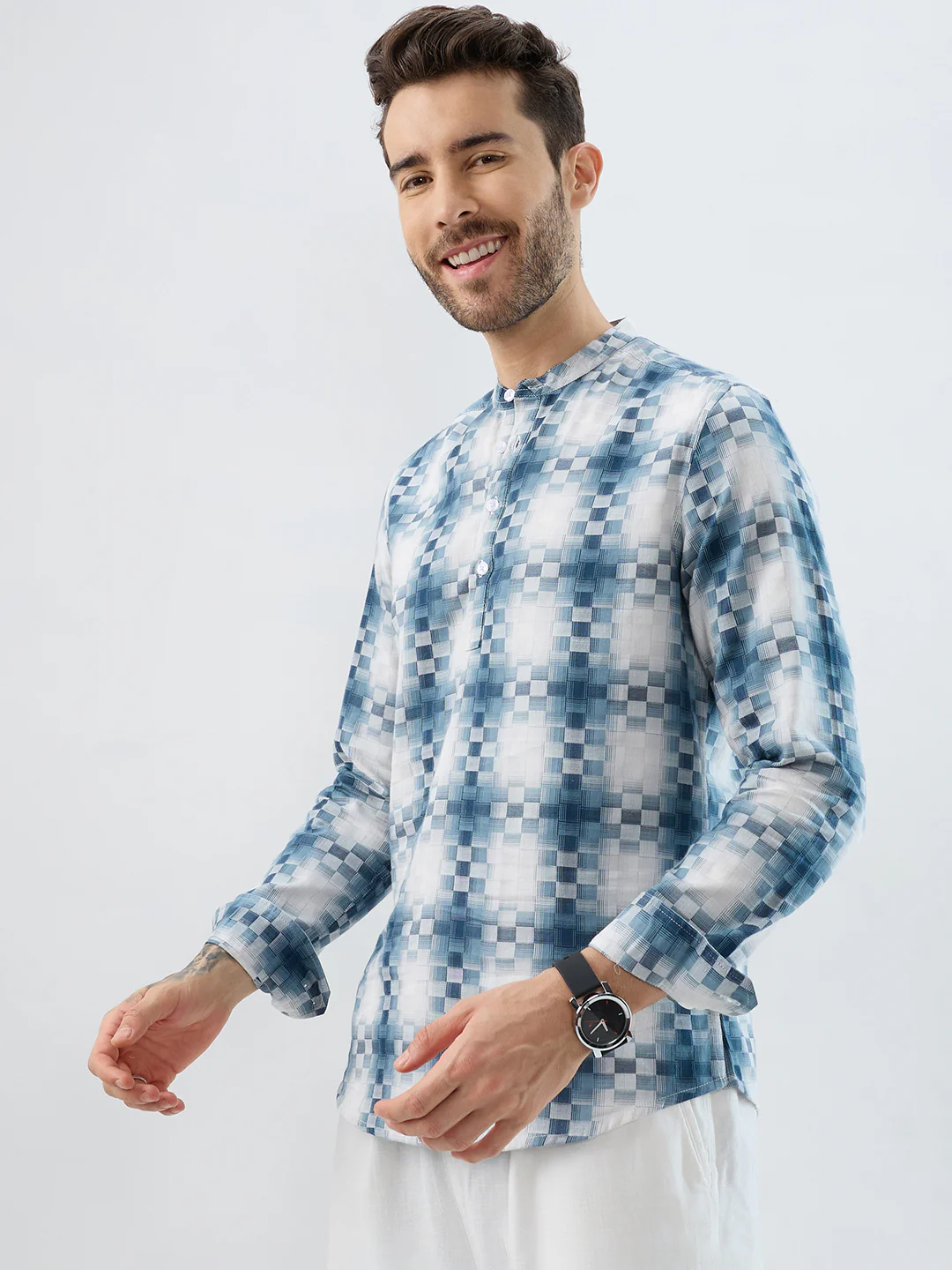 Teal Pixel Block Checks Kurta - Image 6